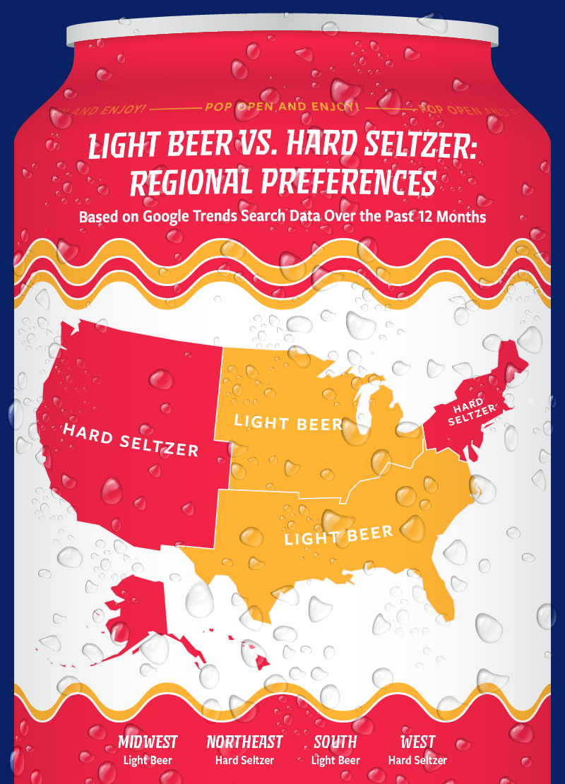 A U.S. map highlighting low-calorie alcoholic drink preferences by region