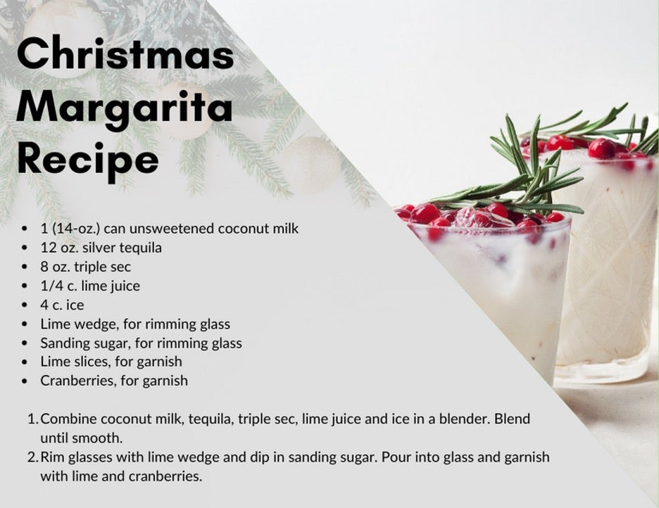 a Christmas margarita recipe card with a list of ingredients needed