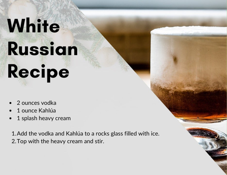 a White Russian recipe card with a list of ingredients needed